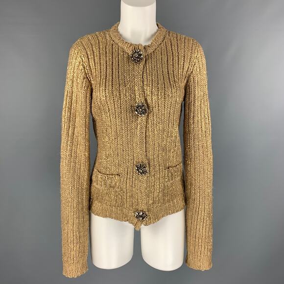 LANVIN Size S Gold Knitted Silk Snaps Cardigan - Picture 1 of 6